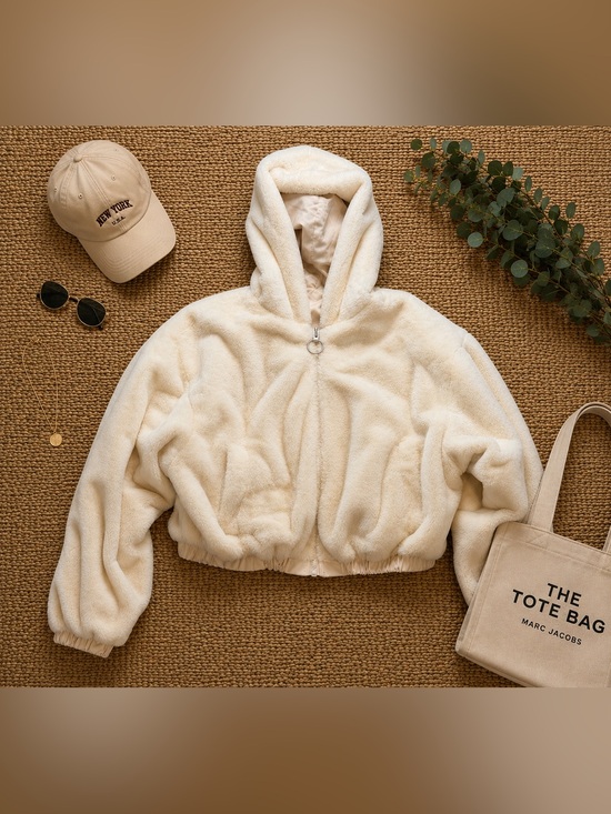 H&M Jackets & Blazers - H&M Divided Reversible Teddy Fleece Hooded Jacket Cream Cropped Zip Women’s M